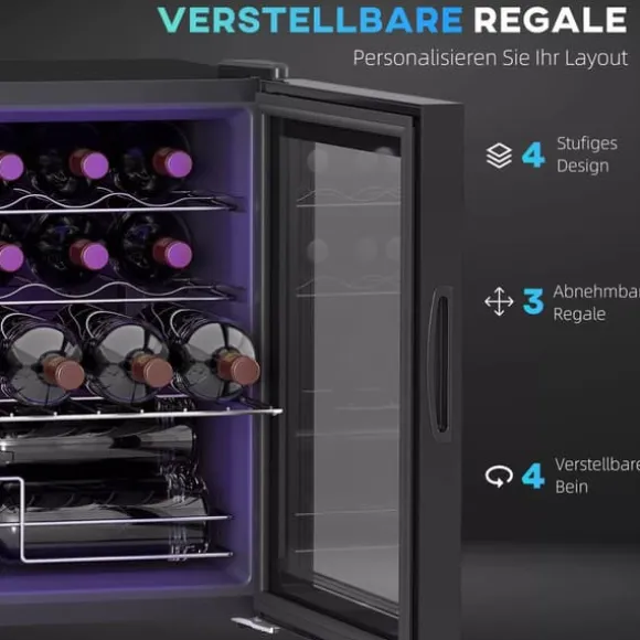 HOMCOM Vinkyl 16 flaskor – Svart Metall – Pekskärm med LED-ljus och Glasdörr