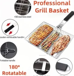 Hopfällbar Rostfri Grillkorg med Avtagbart Handtag – Perfekt för Camping och Trädgård