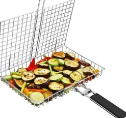Hopfällbar Rostfri Grillkorg med Avtagbart Handtag – Perfekt för Camping och Trädgård