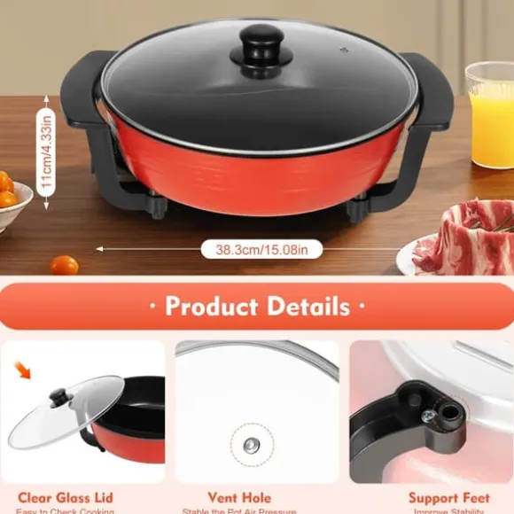 Hushålls Hot Pot, 5-nivå Temperaturkontroll, Non-Stick Beläggning,Röd