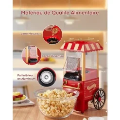 HUSNAT Retro Popcornmaskin 1200W Hälsosam och Lätt att Rengöra