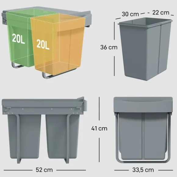 Inbyggd soptunna för underskåp - Utdragbar dubbel modell - 2x20 L - 2 Avtagbara behållare - Smidigt utdrag - Lock med diamantmönster - Grå