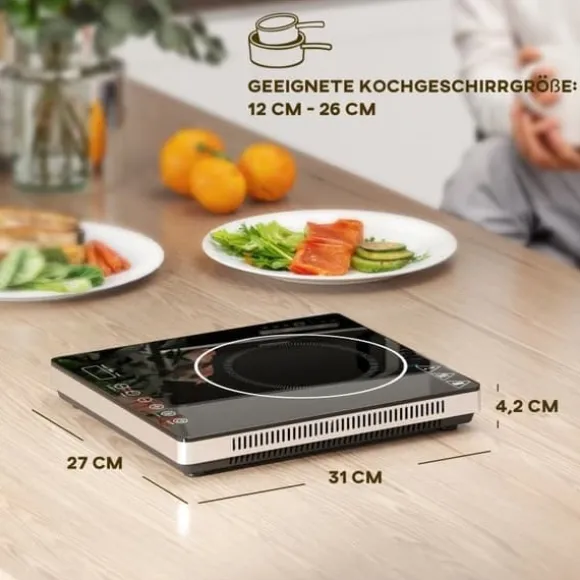Induktionshäll portabel 1 zon – 2000 W, 10 effekt/temperatur, timer, barnlås, svart