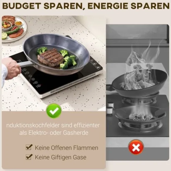 Induktionshäll portabel 1 zon – 2000 W, 10 effekt/temperatur, timer, barnlås, svart