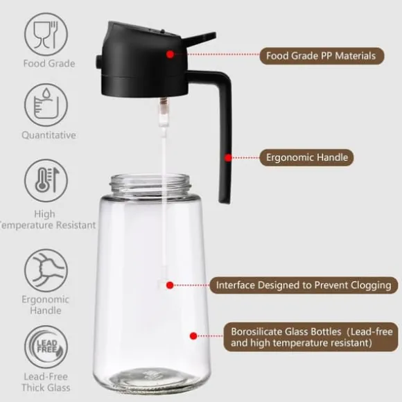 2-i-1 oljedispenser och oljesprayflaska, grilltillbehör, olivoljedispenser, matlagningsspray, 470 ml (svart)