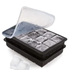 Isbitsform silikon, lätt att släppa, 15 isbitar, form med mycket transparent lock för whisky, mjölkte, svart