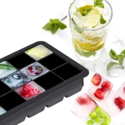 Isbitsform silikon, lätt att släppa, 15 isbitar, form med mycket transparent lock för whisky, mjölkte, svart