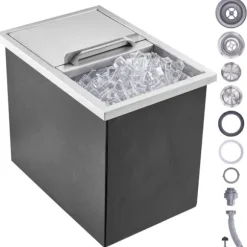 Iskylare i rostfritt stål, 18"L x 12"B x 14,5"H, 40,9 qt, med skjutlock och avlopp. Perfekt för kall vinöl!
