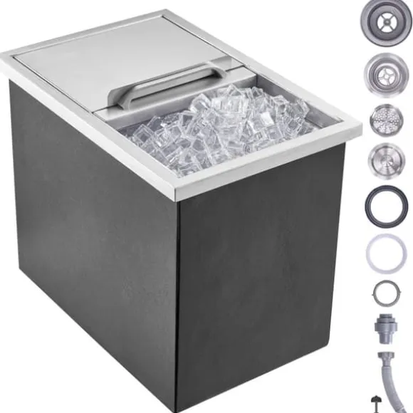 Iskylare i rostfritt stål, 18"L x 12"B x 14,5"H, 40,9 qt, med skjutlock och avlopp. Perfekt för kall vinöl!