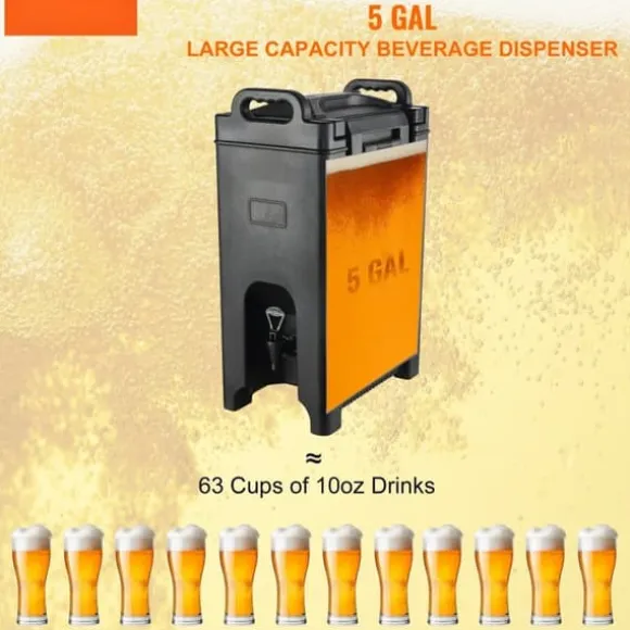 Isolerad dryckesdispenser, 5 gallon, livsmedelsklassad LDPE, varm/kall dryck, termisk kylare, tvåstegs kranhandtag.