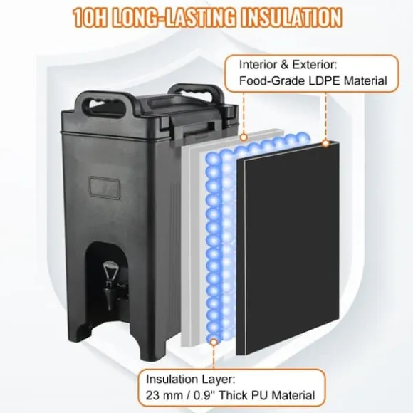 Isolerad dryckesdispenser, 5 gallon, livsmedelsklassad LDPE, varm/kall dryck, termisk kylare, tvåstegs kranhandtag.
