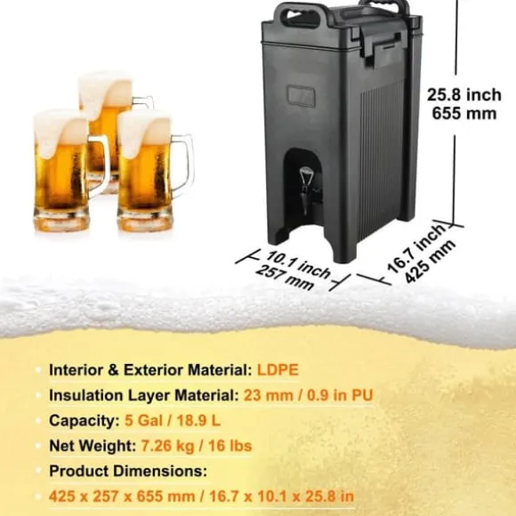 Isolerad dryckesdispenser, 5 gallon, livsmedelsklassad LDPE, varm/kall dryck, termisk kylare, tvåstegs kranhandtag.