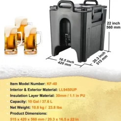 Isolerad dryckesdispenser, 10 gallon, livsmedelsklassad LL9450UP för varma/kalla drycker, termisk med tvåstegs kranhandtag.