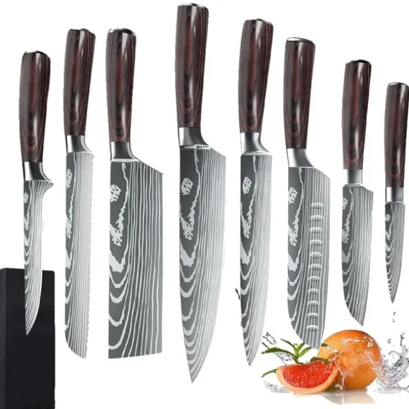 Japanskt köksknivset 8 delar, ultraskarpt högkolstål, ergonomiskt trähandtag, korrosionsbeständiga blad, 8 delar