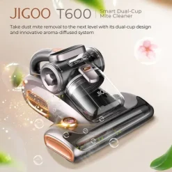 JIGOO T600 madrassdammsugare, 15kPa sug, 99,99% borttagning av dammkvalster, UV-C+ värme, dubbla koppar, LED-display, aromdiffusor