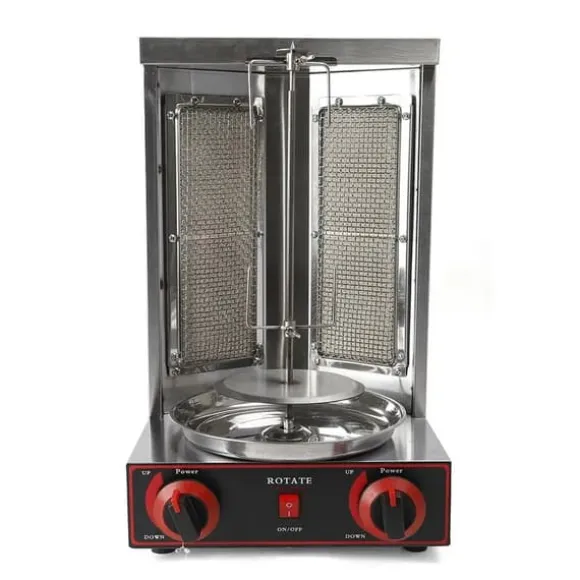 Kebab- och gyrosgrill - Elektriskt vertikalt rotisseri - 3000 W 220 V - 2 värmeelement - 360° rotation - 12 kg kapacitet - Rostfritt stål - Grå