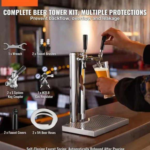 Kegerator Tornkit, Dubbelkranar Ölförvandlingskit, Rostfritt Stål Öltappstorn med Dubbeltryckmätare W21.8 Regulator & S-System Fat