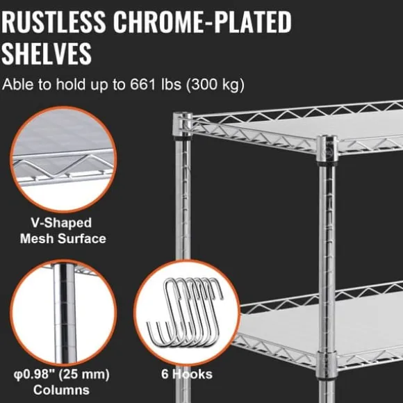 Köksredskapsvagn, 3 våningar, 661 LBS kapacitet, stålservicevagn, metallförvaring med 6 krokar för inomhus/outdoor.