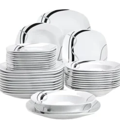 Köks Servis Set, Porslin Keramik, Svart Linje Design, 36-DELAR