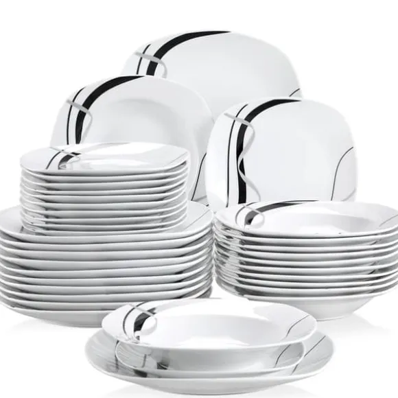 Köks Servis Set, Porslin Keramik, Svart Linje Design, 36-DELAR