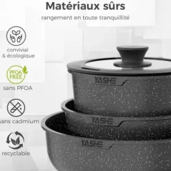 Kökstillbehör 15 Delar-YASHE, Stekpannor och Kastruller med Granitliknande Non-Stick Beläggning, Gas och Glaskeramik, grå