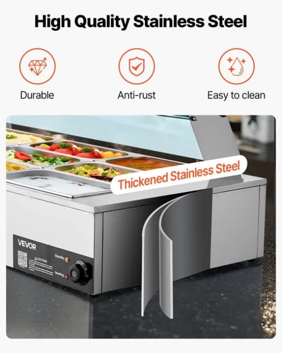 Kommersiell buffévärmare och matvärmare - Elektrisk bain-marie bänkmodell - Rostfritt stål - 1700 W - 12 pannor - Soppslev och perforerad slev