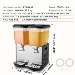 Kommersiell dryckedispenser 18L, 2 tankar, kall juice, effektiv servering, hållbar design, perfekt för caféer