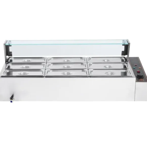 Kommersiell elektrisk matvärmare, bänkskiva, buffé 9*5Qt, glasdisk, effektiv för restauranger och catering