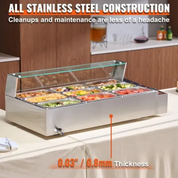 Kommersiell elektrisk matvärmare, bänkskiva, buffé 9*5Qt, glasdisk, effektiv för restauranger och catering