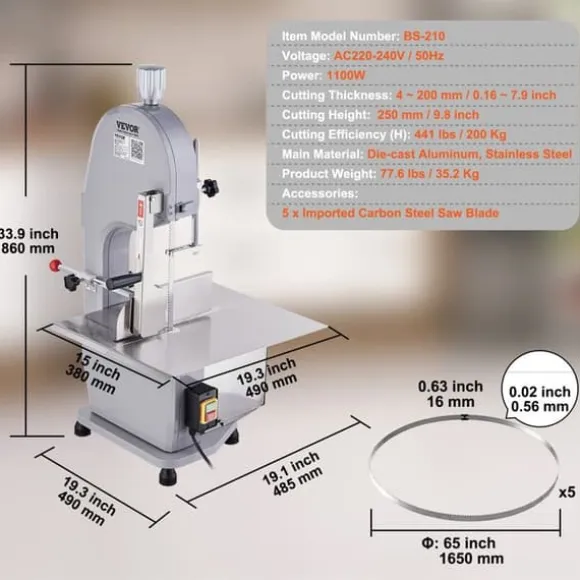 Kommersiell elektrisk slaktarbensåg-VEVOR-1100 W-4-200 mm tjocklek för stormarknad, restaurang