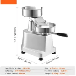 Kommersiell hamburgerbiffmaskin 130 mm, kraftig rostfri skål, hamburgerpress för köttformning med 1000 pattypapper.