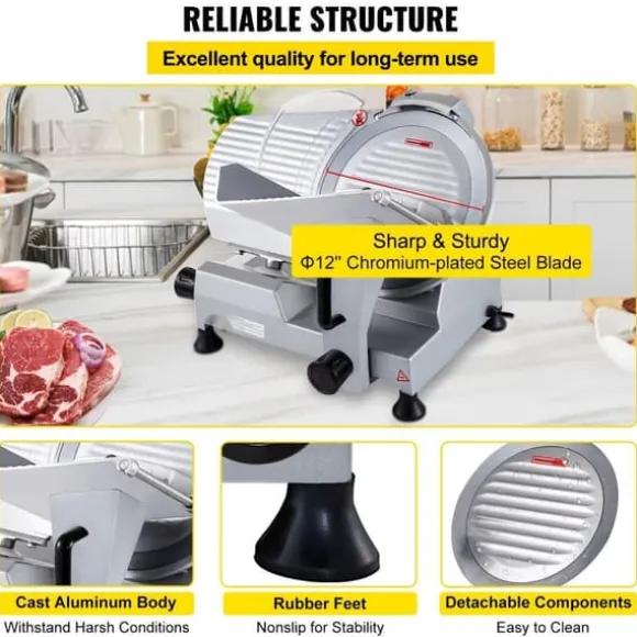 Kommersiell köttskärare 320 W, elektrisk Deli-matskärare med 12" kolstålblad, justerbar tjocklek för kött och grönsaker.