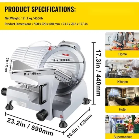Kommersiell köttskärare 320 W, elektrisk Deli-matskärare med 12" kolstålblad, justerbar tjocklek för kött och grönsaker.