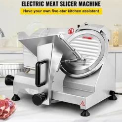 Kommersiell köttskärare, 200 W, 350-400 varv/min. 8" kolstålblad, justerbar tjocklek för hem- och kommersiell användning.