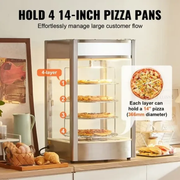 Kommersiell pizzavärmare för 14" pizza, 4-lagers design, elektrisk matdisplay, effektiv uppvärmning