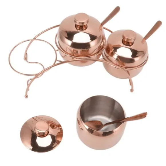 Kryddburkset i rostfritt stål, salt- och pepparburk, sockerburk med lock och sked, kryddflaskor för kök med förvaringsställ, roséguld