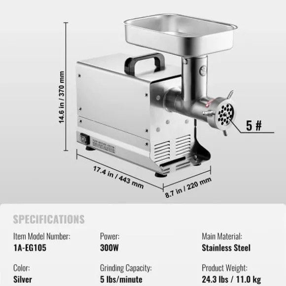 Köttkvarn, 1000-1300W Motor, Rostfritt Stål Konstruktion,5Lbs 5storlek