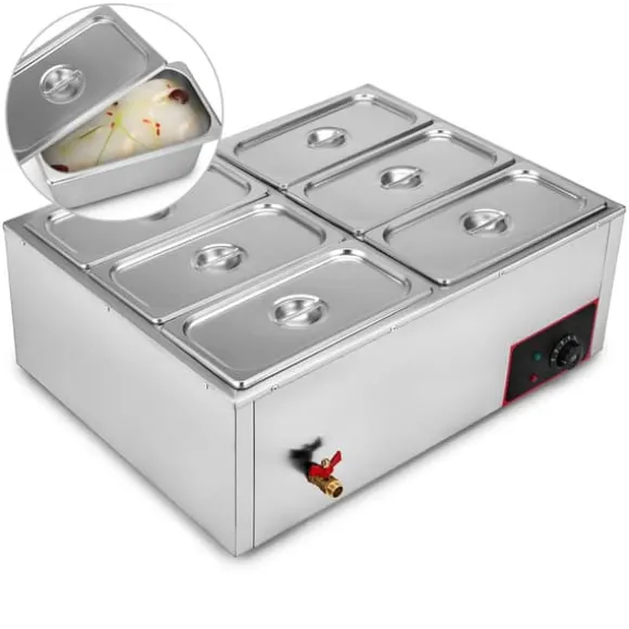 1,2KW 30-85°C justerbar 6-pannor elektrisk matvärmare med kran, stor kapacitet, snabb värmeöverföring