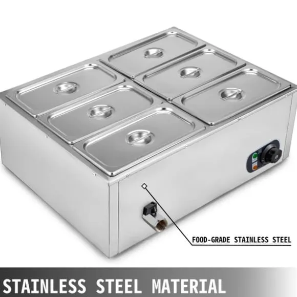 1,2KW 30-85°C justerbar 6-pannor elektrisk matvärmare med kran, stor kapacitet, snabb värmeöverföring