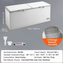 Kystfrys 19,8 ku.ft / 561 L stor djupfrys med 4 avtagbara korgar, energieffektiv, tyst drift
