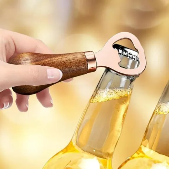 Ölflasköppnare med trähandtag, bärbar flasköppnare och verktyg för att ta bort flaskkorken, roséguld