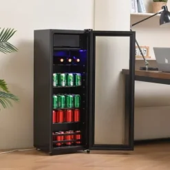 128L Mini-Kylskåp, 8L frys + 120L kyl, För 94 burkar, Tyst drift, Kompressor, LED-ljus, Justerbara hyllor