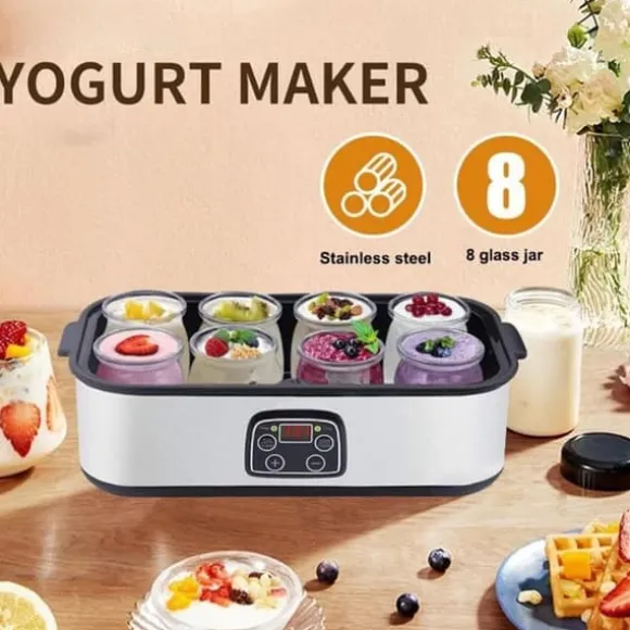 Lollanda Yoghurtmaskin Yoghurtmaskin med Temperaturinställning, Termostat & 48 Timmars Timer, 8 Glas À 180 Ml Vardera för Hem