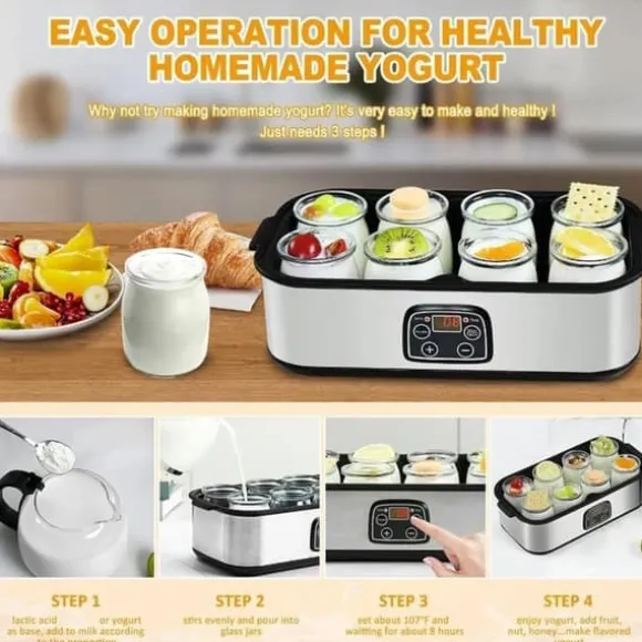 Lollanda Yoghurtmaskin Yoghurtmaskin med Temperaturinställning, Termostat & 48 Timmars Timer, 8 Glas À 180 Ml Vardera för Hem