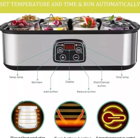 Lollanda Yoghurtmaskin Yoghurtmaskin med Temperaturinställning, Termostat & 48 Timmars Timer, 8 Glas À 180 Ml Vardera för Hem
