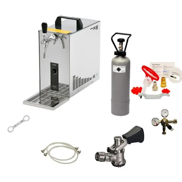 Öltapp, öldispenser, ölmaskin PYGMY 25, en linje torr kylare, 35 liter/h -Bierkoffer, waterchiller, Rengöringssats för kran och kagge, KEG:Type A