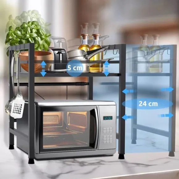 Marana 2-Tier Extendable Metal Microwave Shelf with Hooks, Black