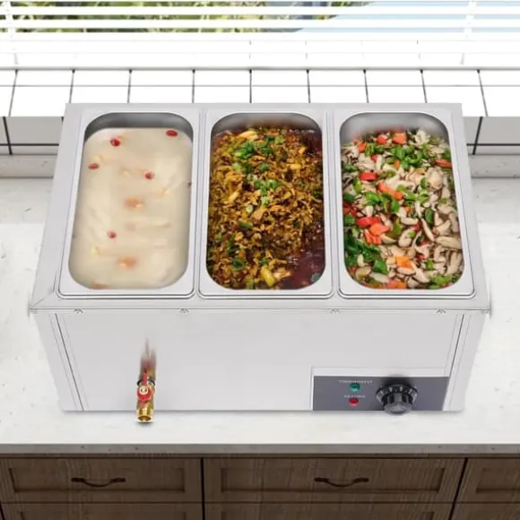 Matvärmare - Bain-marie vattenbad - 3 x 7 l behållare - Rostfritt stål - Buffé servering - Silver