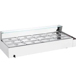 Matvärmare, 12-facks elektriskt ångbord med glastäcke, 144,1x61x38,2 cm, silver, rostfritt stål