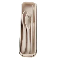 Modernt vetehalm bestickset med låda - Bärbar gaffel, sked och kniv för kontor, skola, picknick - Beige